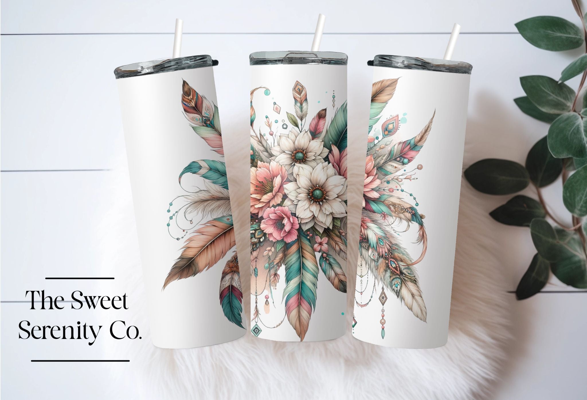 White Flower & Feathers Tumbler