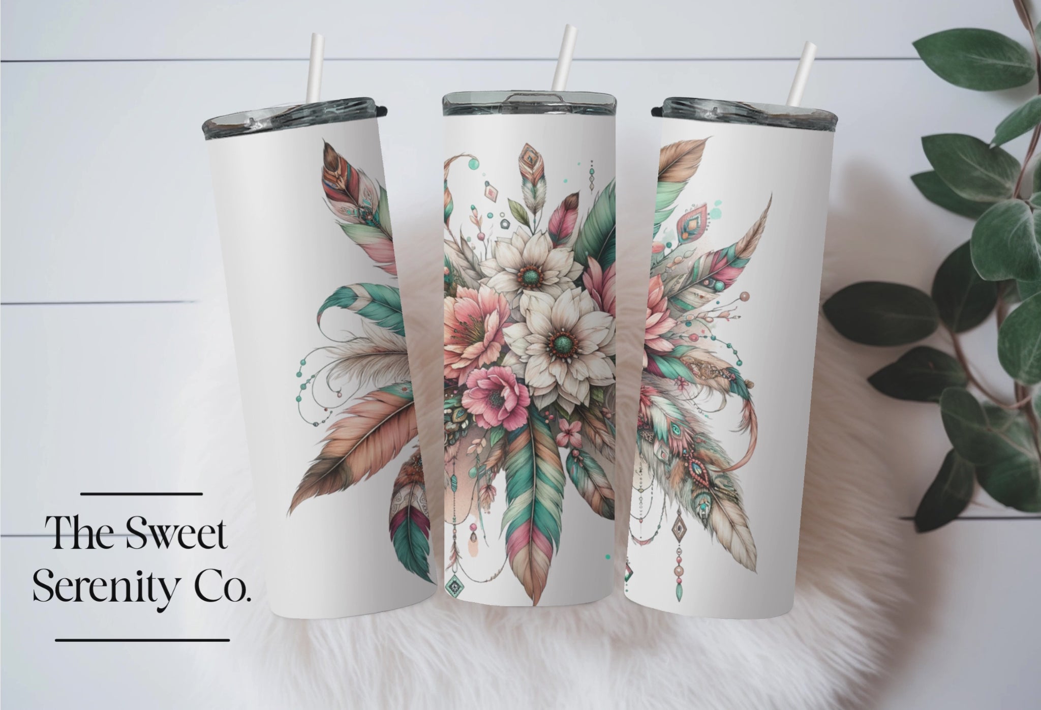 White Flower & Feathers Tumbler